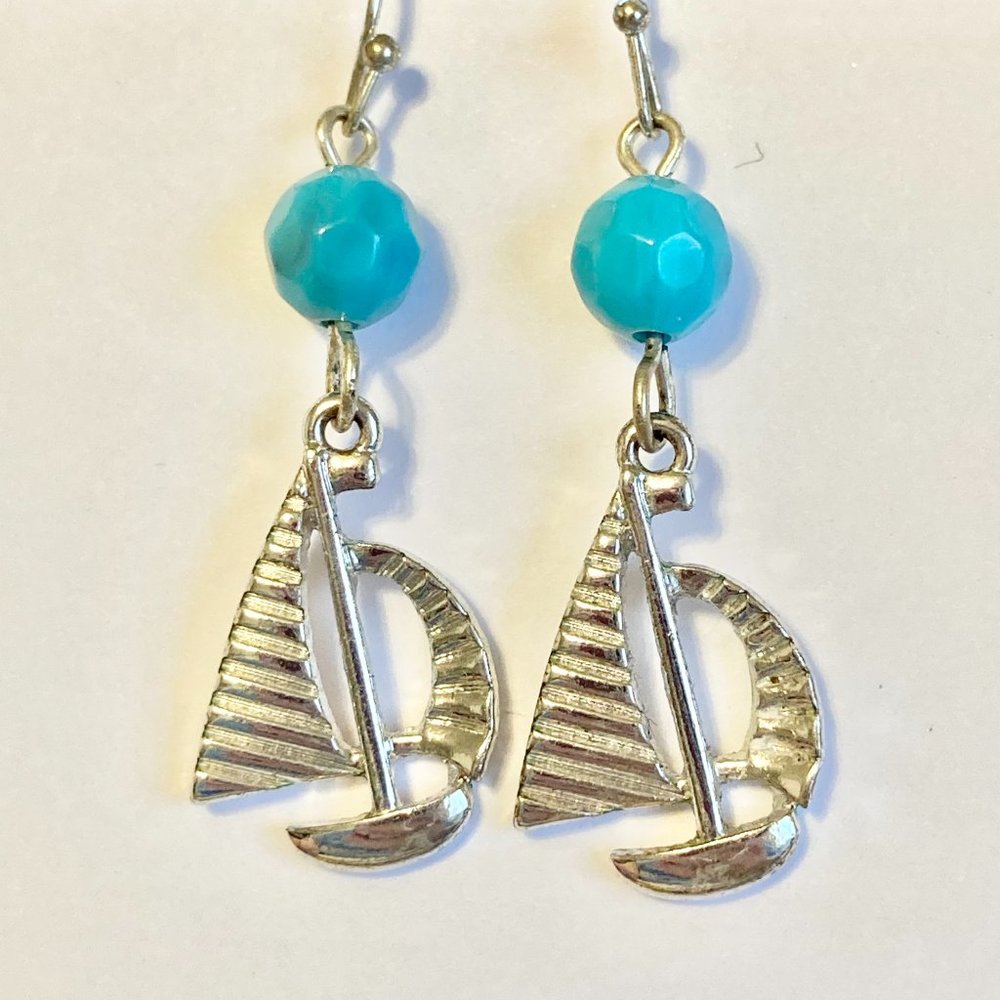 Nautical Sailboat Earrings Silver Plated Aqua Bead Dangle Pierced Beach Island